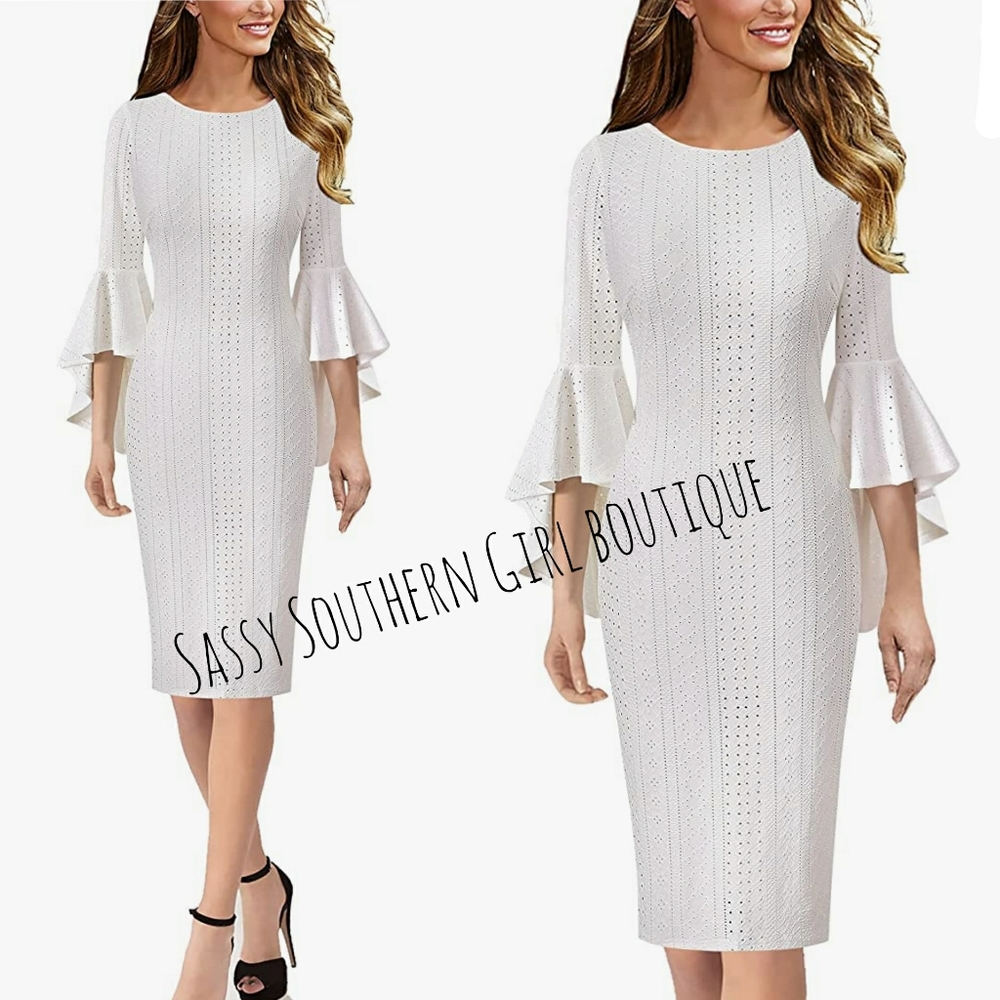 🆕⭐Ivory white bell sleeve midi pencil dress